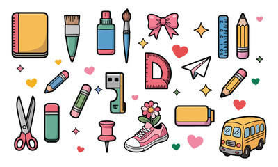 Vibrant School Supplies and Stationery Icon Set for Back to School, Classroom, Creative Learning, and Educational Projects, Vector, icons