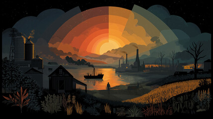 Obraz premium Industrial Sunset Painting: Captivating vintage-style painting shows a mesmerizing industrial landscape where the sun has setting above factories along the river and adding the vivid.