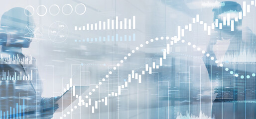 Financial histograms against the backdrop of offices. 2025 Finance background