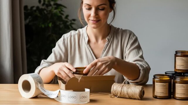 Female Entrepreneur Packaging Handmade Products for Online Small Business Orders