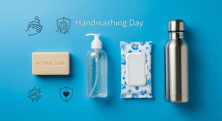 Minimalist Flat Lay of Hygiene Products for Global Handwashing Day Awareness