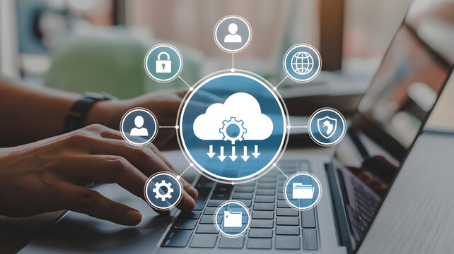 Cloud computing technology concept with laptop and data security icons displayed