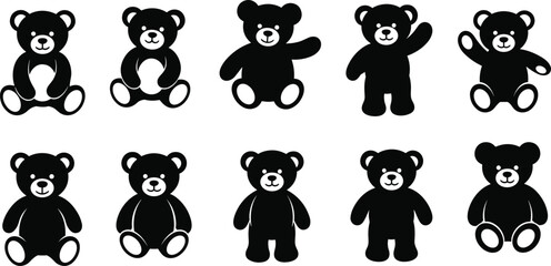 Teddy Bear Silhouette Vector Set, Cute Children’s Clipart Icons Pack, Sitting and Standing Poses, Editable Black CAD Graphics
