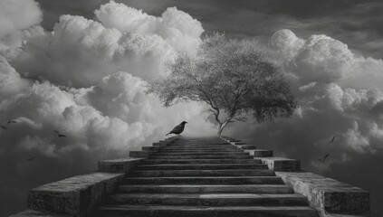 A grayscale stairway to heaven, with a lone raven perched on a step, beneath a dramatic sky filled with billowing clouds and a solitary tree
