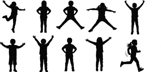 Flat Vector CAD Drawing Silhouettes of Children, Dynamic Action Poses, Jumping, Running, Expressive Arms, Youth Movement Graphic Pack