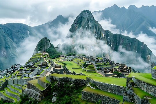 Machu Picchu ancient city nestled in the majestic Andes mountains with vibrant green terraces - Powered by Adobe