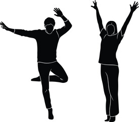 Cad Drawing Flat Vector Illustration, Silhouettes of Human Figures, Extended Limb Poses, Yoga Movement, Fitness Gesture Icons, Editable Minimal Set