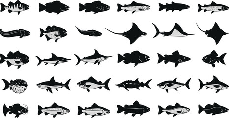 Naklejka premium Cad Drawing Vector Illustration, Fish Silhouettes Set, Diverse Marine Species, Editable Aquatic Pack, Fishing and Ocean Life Graphic Icons