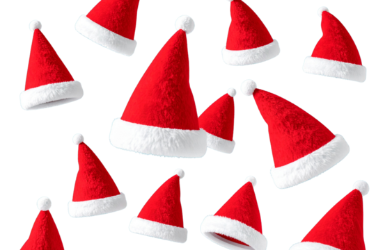  Set of Floating Santa Hats in Different Angles and Rotations, Stylized 3D View Isolated on Transparent Background PNG 