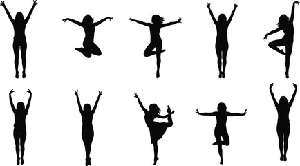 Human Silhouette Dance and Jump Pose Set, Black Vector Clipart Pack, Editable Motion Icon Series, Expressive CAD Illustration Graphic