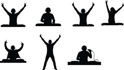 Flat Vector CAD DJ Silhouette Icon Set, Club Music Graphics, Console Performer Poses, Headphones and Mic, Editable Illustration Pack