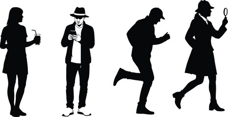 Lifestyle Vector Silhouette Set, Urban People Poses, Walking, Running, Inspecting, Drinking, Editable Black Icons, CAD Character Pack