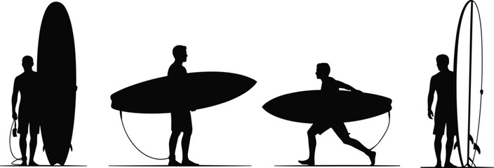 Flat Vector CAD Surfer Silhouette Set, People Holding Surfboards, Beach Sport Icon Pack, Summer Activity, Editable Lifestyle Graphic