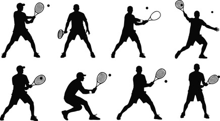 Tennis Player Silhouettes Vector, Black Sport Icons in Action Poses, Editable CAD Clipart for Athletics, Training, Fitness Graphics