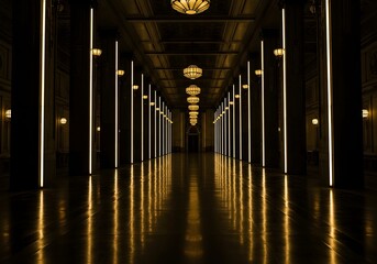 Fototapeta premium luxury corridor featuring symmetrical glowing light pillars