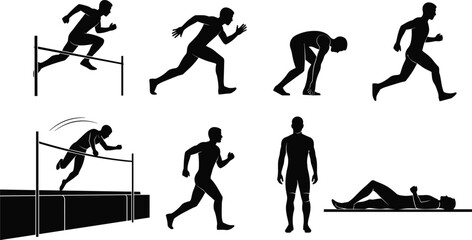 Flat Vector CAD Silhouette Set, Track and Field Athletes, Sprint and Jump Poses, Sports Movement Icons, Editable Athletic Graphic Pack