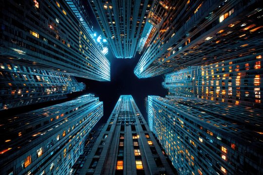 Night cityscape, looking up at skyscrapers.  A perspective of tall buildings, lit windows, and a dark night sky.  Vertical, dense urban architecture