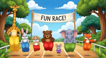 Cute Animal Characters in a Sack Race
