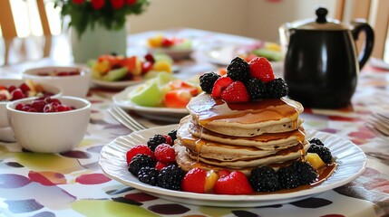 Casual family brunch featuring almond milk pancakes stacked high with fresh fruits and maple syrup set on a cheerful table capturing the warmth and love of family gatherings