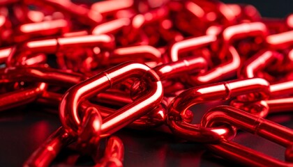Close-up of interwoven, shiny red metal chain links