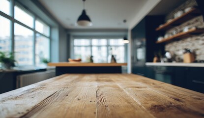 Blurred view of a wooden kitchen table,  with modern kitchen background