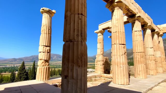 Ancient Greek Temple Ruins: Doric Columns, Blue Sky, and Mountain Views