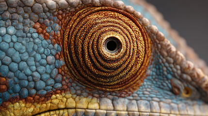 Chameleon Eye: Detailed macro shot of a chameleon's eye showcases the intricate spiral patterns and textures, a captivating glimpse into the animal's world.