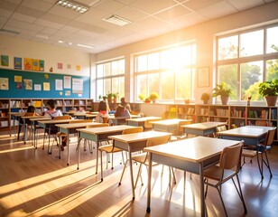 Classroom interior, sunlit