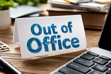 "Out of Office" sticker on a computer screen. Remote working, vacation, or unavailability. A clean workspace with office supplies is visible, generated image