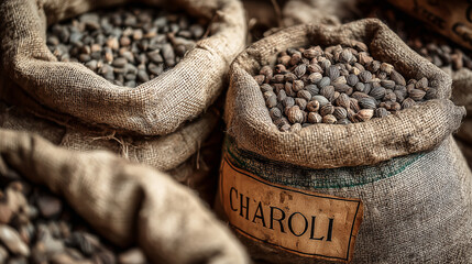 Charoli seeds in sack with label, market-style presentation