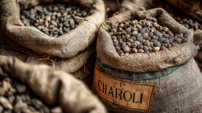Charoli seeds in sack with label, market-style presentation
