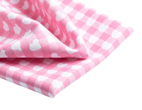 Pink Heart Gingham Fabric Folded with Shadow Depth, Realistic Textured Swatch, Isolated on White Background