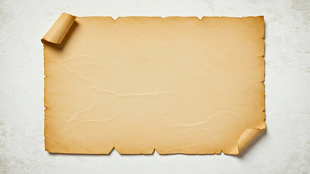 Blank antique manuscript scroll paper texture background. Vintage aged parchment with curled corners and space for text or design.