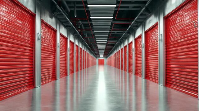Endless row of red storage units: Secure warehousing, inventory, and belongings