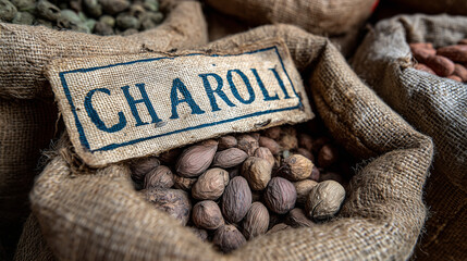 Naklejka premium Charoli seeds in sack with label, market-style presentation