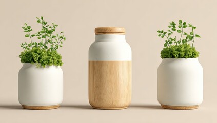 Three white ceramic jars with wooden accents and greenery