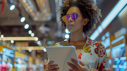 A stylish woman with sunglasses shops in a store, using a tablet to browse and make purchasing decisions, showcasing the integration of technology and fashion in modern retail