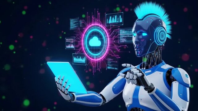A futuristic robot with a mohawk hairstyle interacting with a glowing cloud interface on a tablet, symbolizing advanced ai and data processing in the digital age
