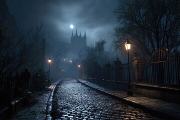 Misty night on cobblestone street, gothic architecture