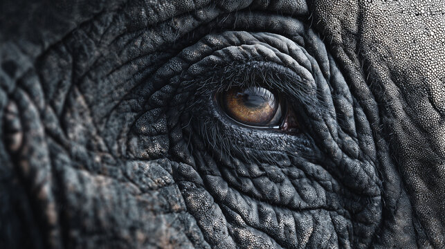 Close-up Elephant Eye: A mesmerizing close-up shot of an elephant's eye, revealing the wisdom and depth within, with intricate textures of the skin. 