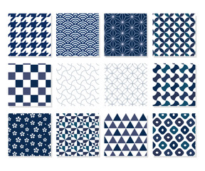 シームレスな和柄パターンセット 青色（青海波・麻の葉・市松・七宝 など）
