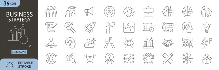 Business Strategy icons set. Includes icons for planning, vision, goals, market, analysis, decision, growth, leadership, and innovation. Editable stroke. Line icons. Perfect for infographics.