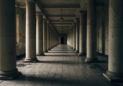 abandoned corridor with stone columns in dim light

