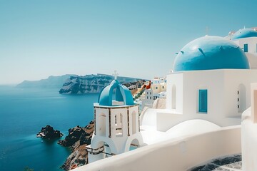 Obraz premium Stunning Santorini view of blue-domed churches overlooking the Aegean Sea on a sunny day