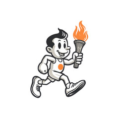 Obraz premium Cartoon boy running with a torch athletic pose flame sport fitness winner