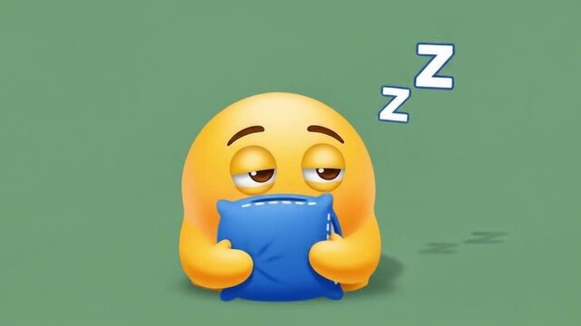 A yellow emoji character with closed eyes and a happy smile, hugging a blue pillow, with zzz symbols indicating sleep, against a plain green background, representing tiredness and rest