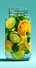 Vibrant fruit infused water in a clear glass jar