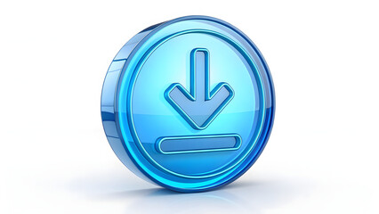Glossy 3D blue glass download icon with arrow symbol, futuristic digital button isolated on white background