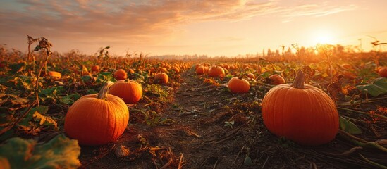 Orange pumpkins in a field at sunrise (1)