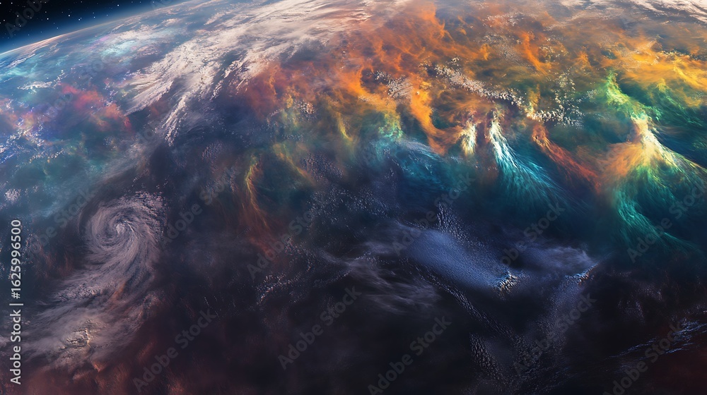 Wall mural aerial view of a planet with colorful clouds and a swirling storm on the surface of the planet